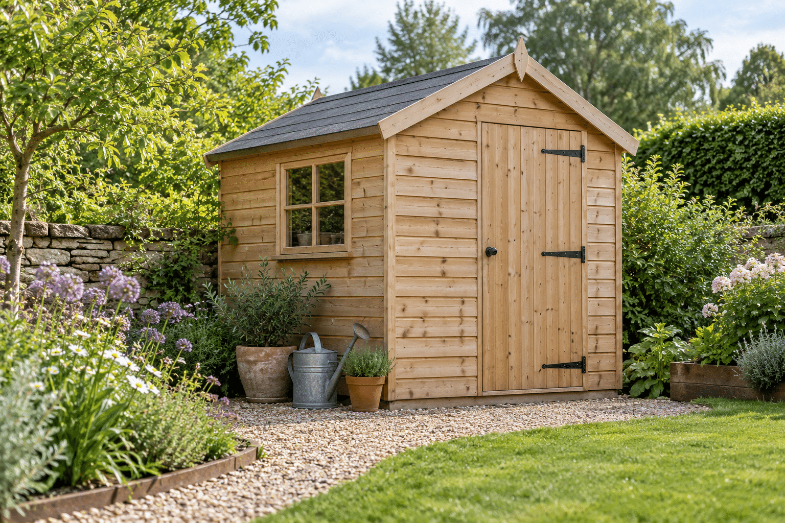 Illustration of a timber garden shed with an apex roof beside a gravel path and planted borders